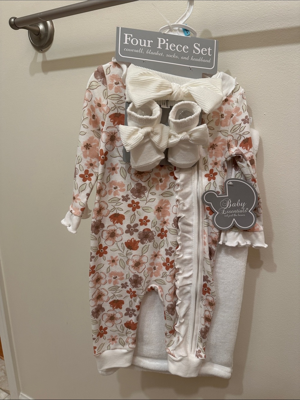 Baby Essentials Floral Ruffle One-Piece in Cream and Rust - 4-Piece Set